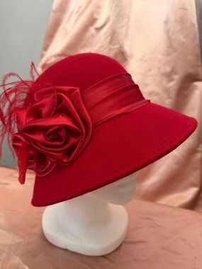 Elegant Red Felt Cloche Hat with Satin Rosette and Feather Trim